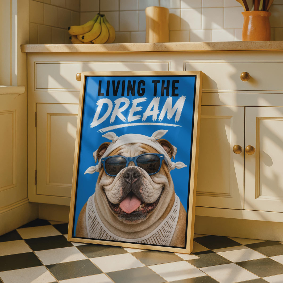 English Bulldog Poster, Blue Sunglasses, Funny Dog Wall Art