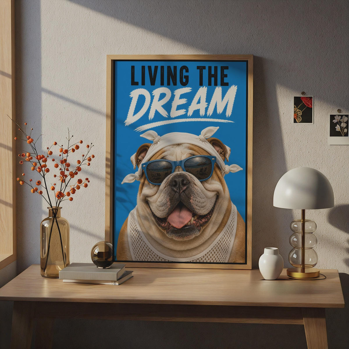 English Bulldog Poster, Blue Sunglasses, Funny Dog Wall Art