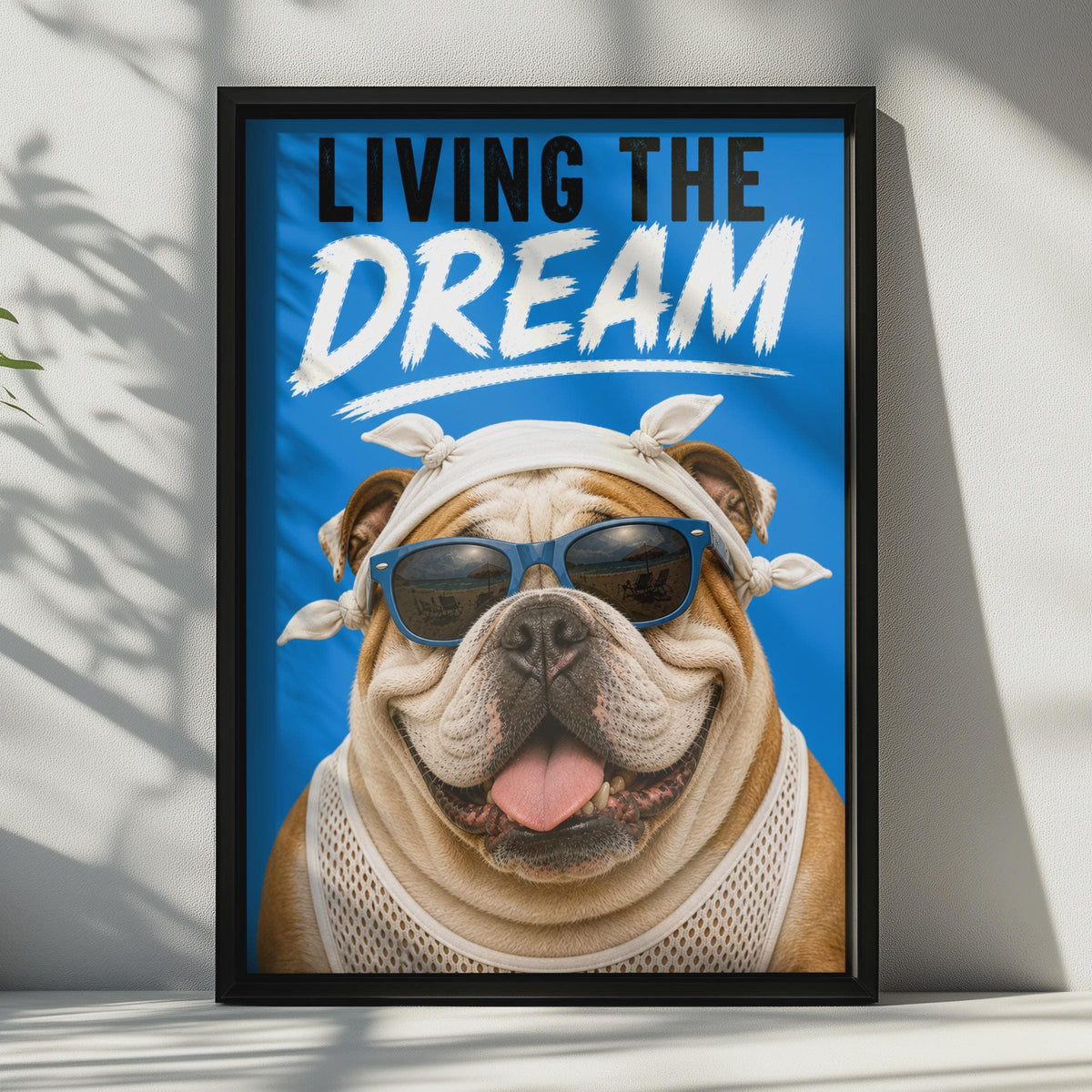 English Bulldog Poster, Blue Sunglasses, Funny Dog Wall Art