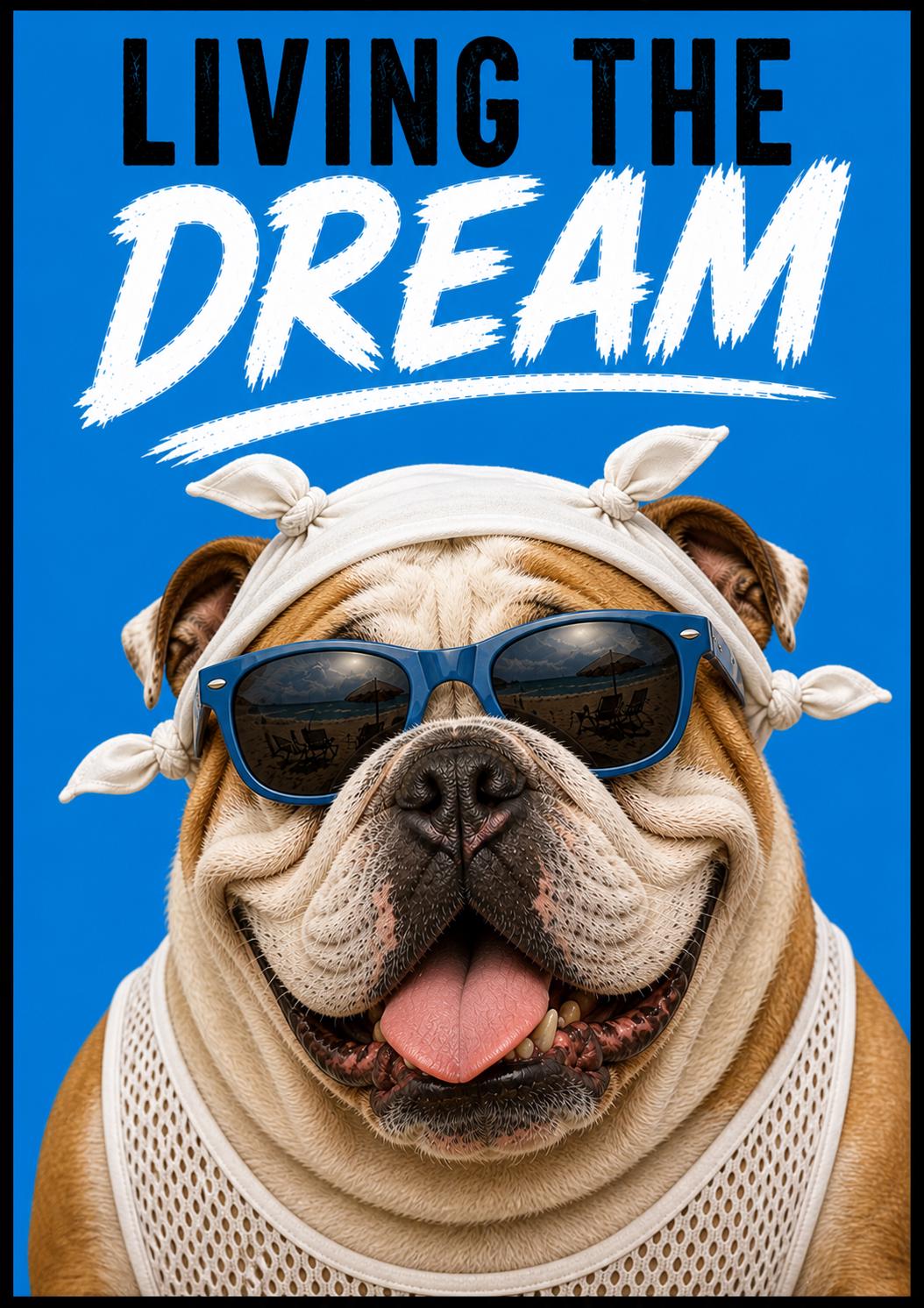 English Bulldog Poster, Blue Sunglasses, Funny Dog Wall Art