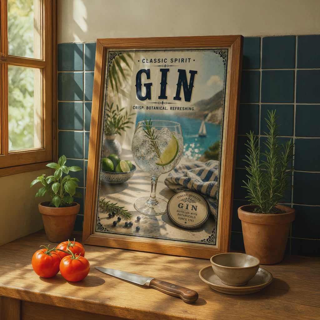 Gin Botanical Vintage Poster, Classic Spirit Bar Wall Art, Retro Cocktail Print, Navy Blue