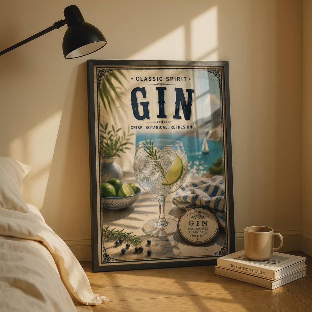 Gin Botanical Vintage Poster, Classic Spirit Bar Wall Art, Retro Cocktail Print, Navy Blue