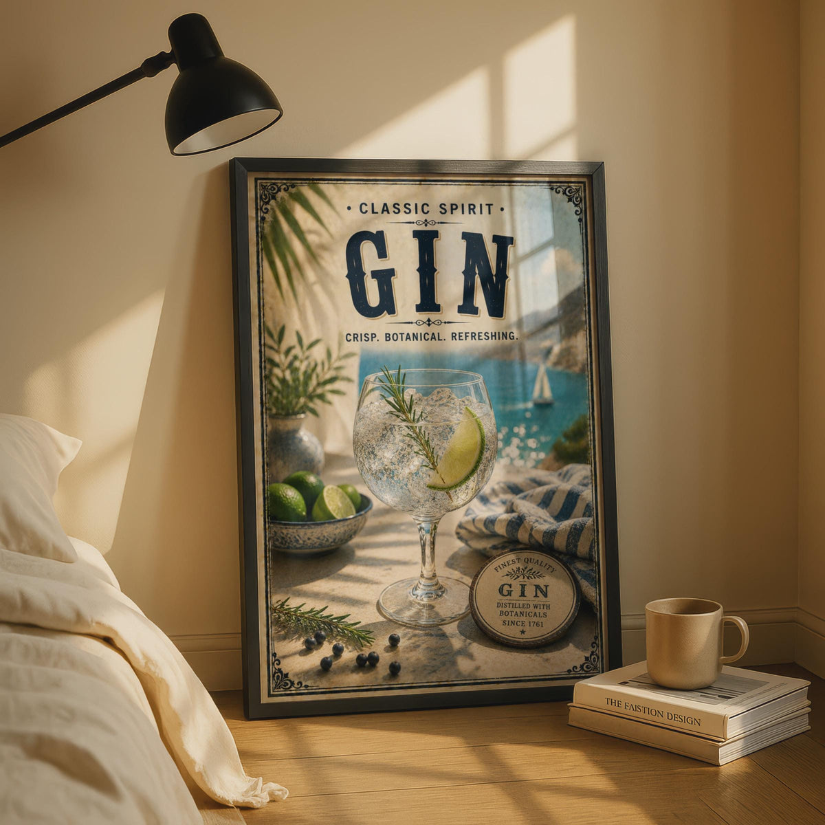 Gin Botanical Vintage Poster, Classic Spirit Bar Wall Art, Retro Cocktail Print, Navy Blue