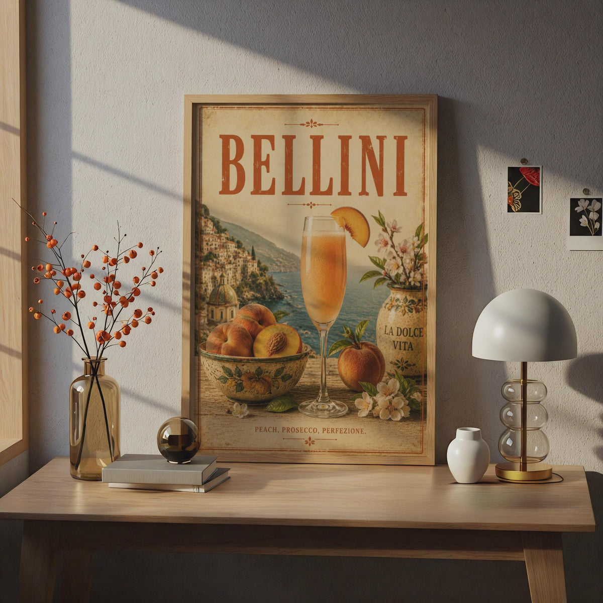 Bellini Cocktail Vintage Poster, Italian Bar Cart Wall Art, La Dolce Vita Prosecco Print