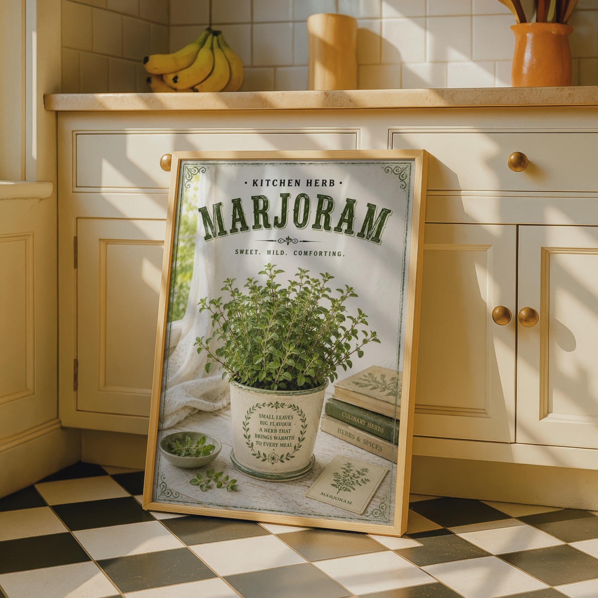 Marjoram Kitchen Herb Poster, Vintage Botanical Wall Art, Rustic Green Herb Print