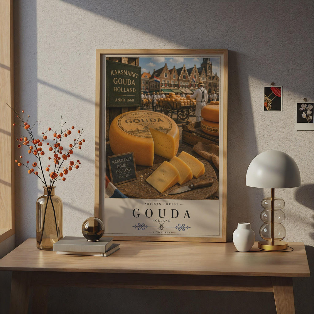 Gouda Holland Artisan Cheese Market Poster, Dutch Kaasmarkt Food Wall Art Print