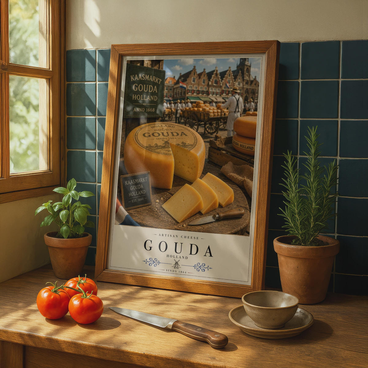Gouda Holland Artisan Cheese Market Poster, Dutch Kaasmarkt Food Wall Art Print