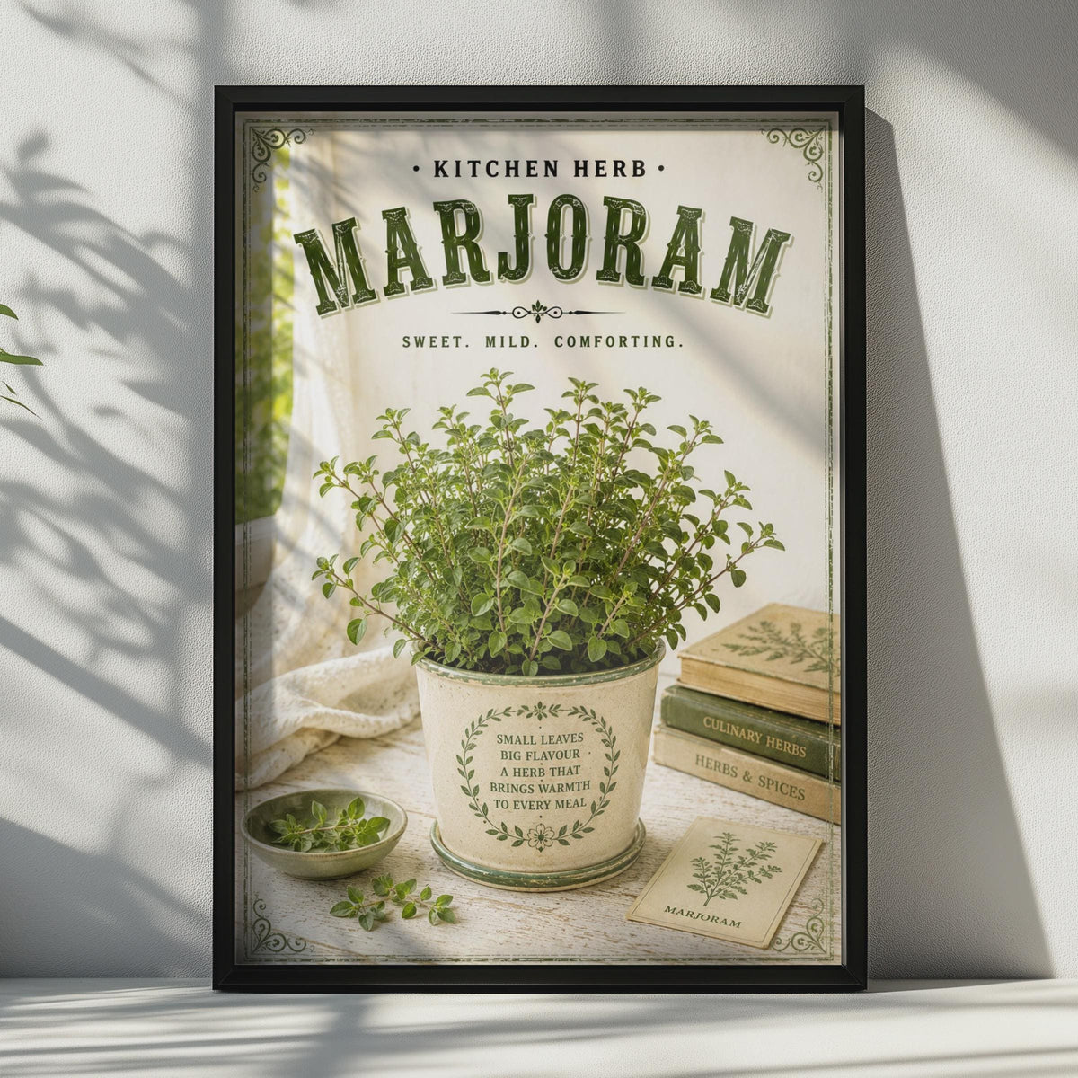 Marjoram Kitchen Herb Poster, Vintage Botanical Wall Art, Rustic Green Herb Print