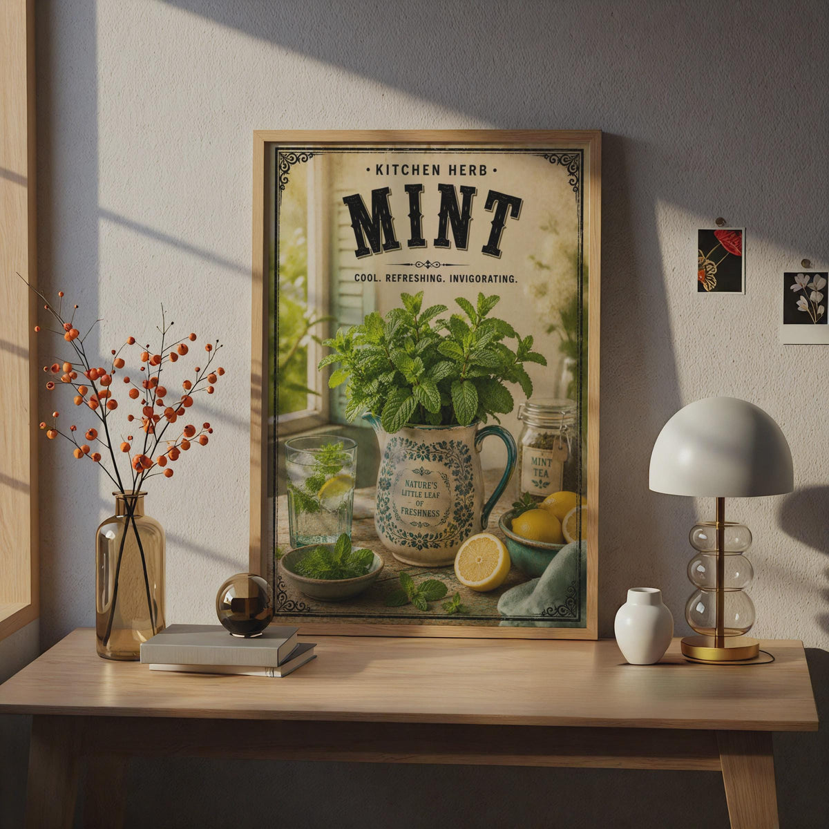 Vintage Mint Kitchen Herb Poster, Botanical Wall Art Print, Farmhouse Decor