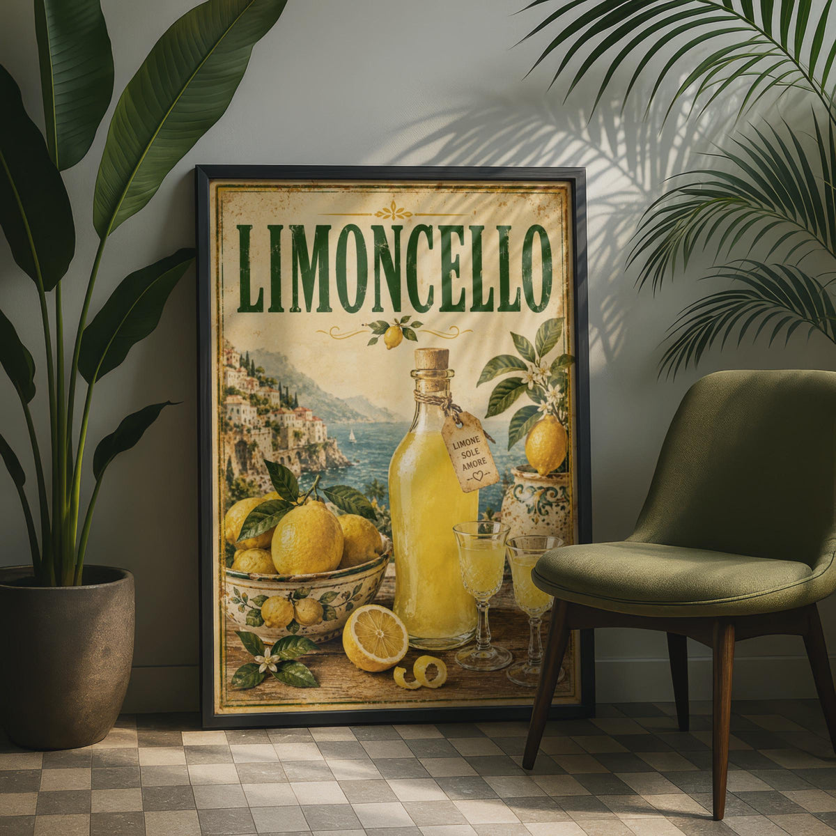 Limoncello Vintage Italian Poster, Amalfi Coast Lemon Wall Art, Kitchen Bar Decor