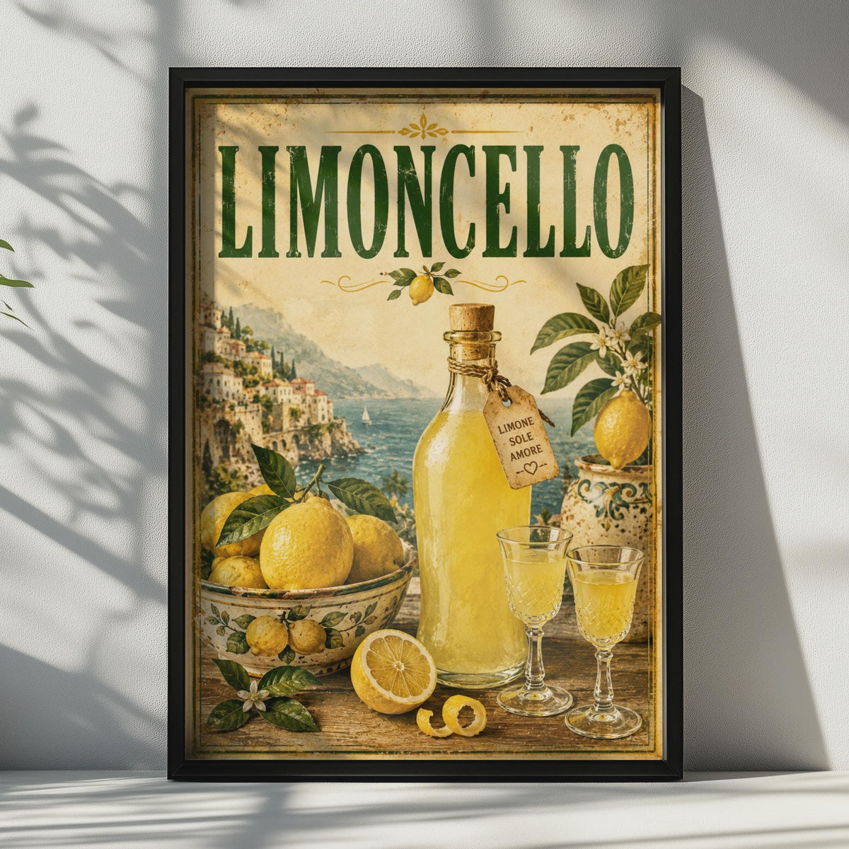 Limoncello Vintage Italian Poster, Amalfi Coast Lemon Wall Art, Kitchen Bar Decor