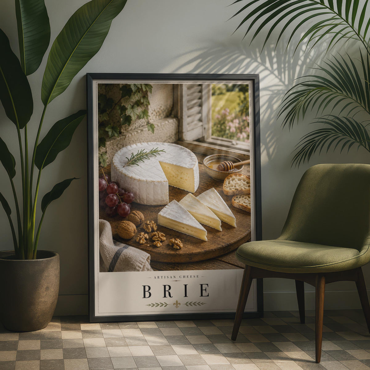 Brie Artisan Cheese Poster, French Food Wall Art, Kitchen Decor, Rustic Farmhouse Print