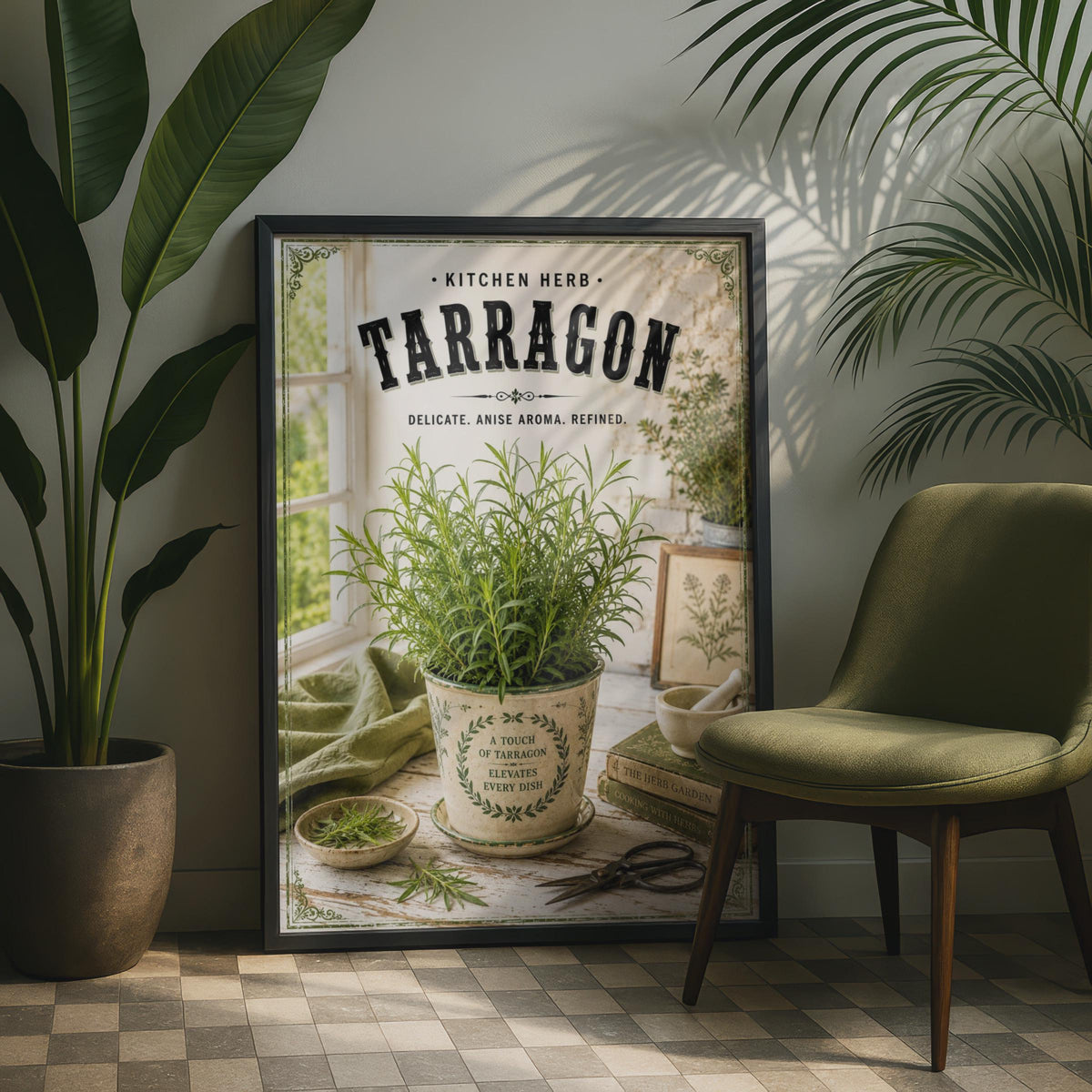 Tarragon Kitchen Herb Poster, Vintage Botanical Herb Print, Rustic Cooking Wall Art