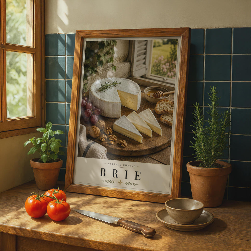 Brie Artisan Cheese Poster, French Food Wall Art, Kitchen Decor, Rustic Farmhouse Print