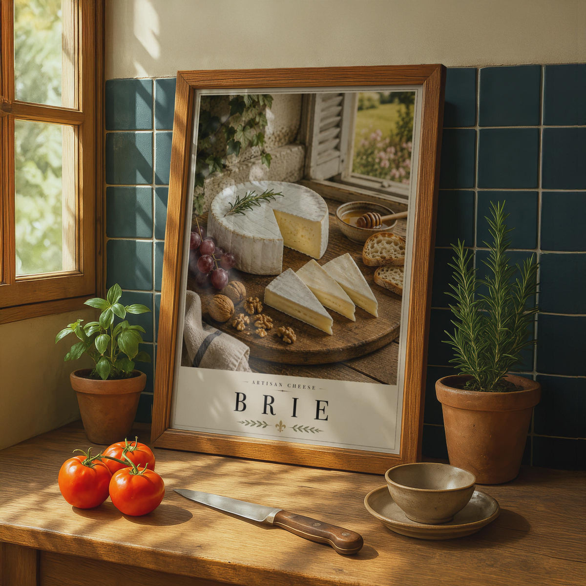 Brie Artisan Cheese Poster, French Food Wall Art, Kitchen Decor, Rustic Farmhouse Print