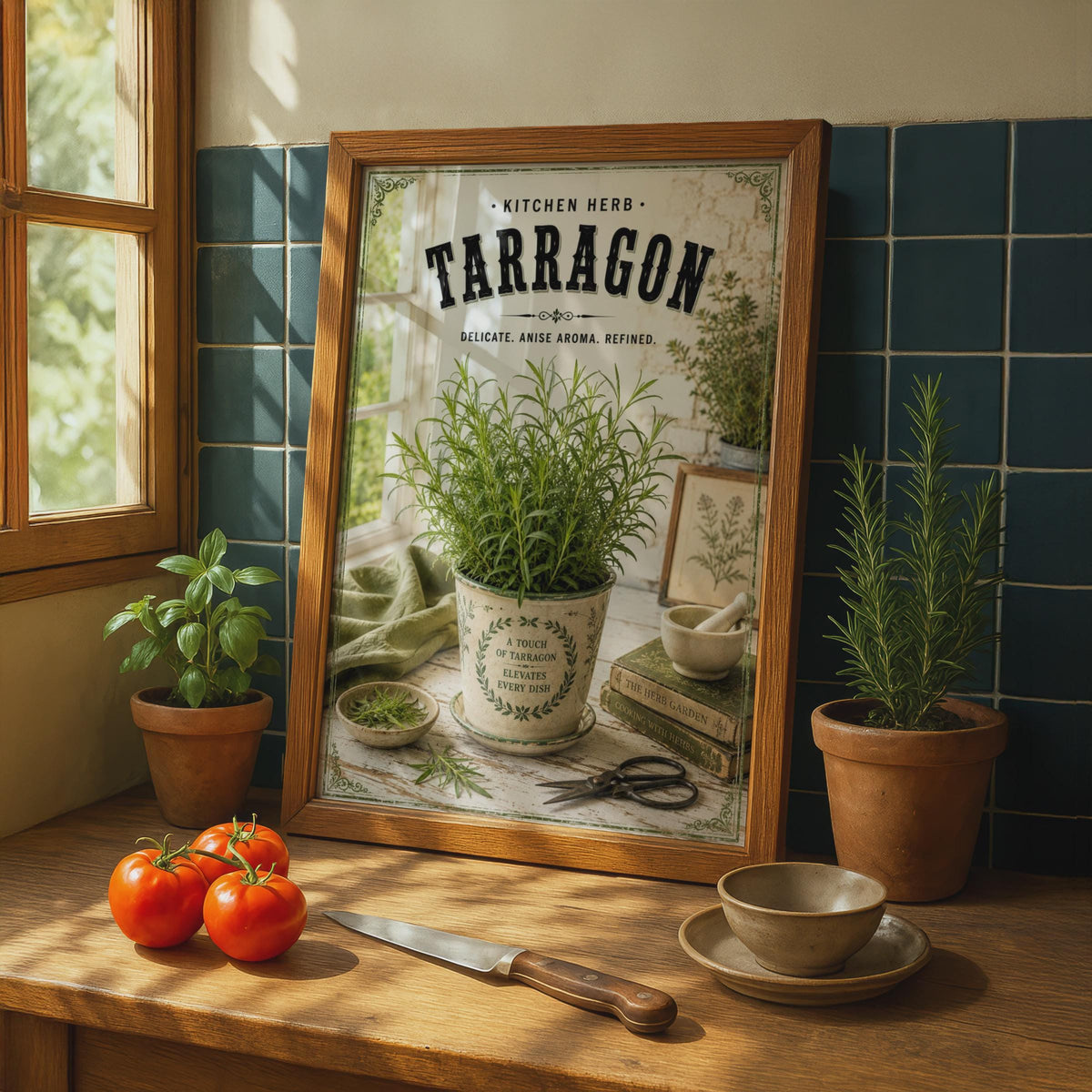 Tarragon Kitchen Herb Poster, Vintage Botanical Herb Print, Rustic Cooking Wall Art