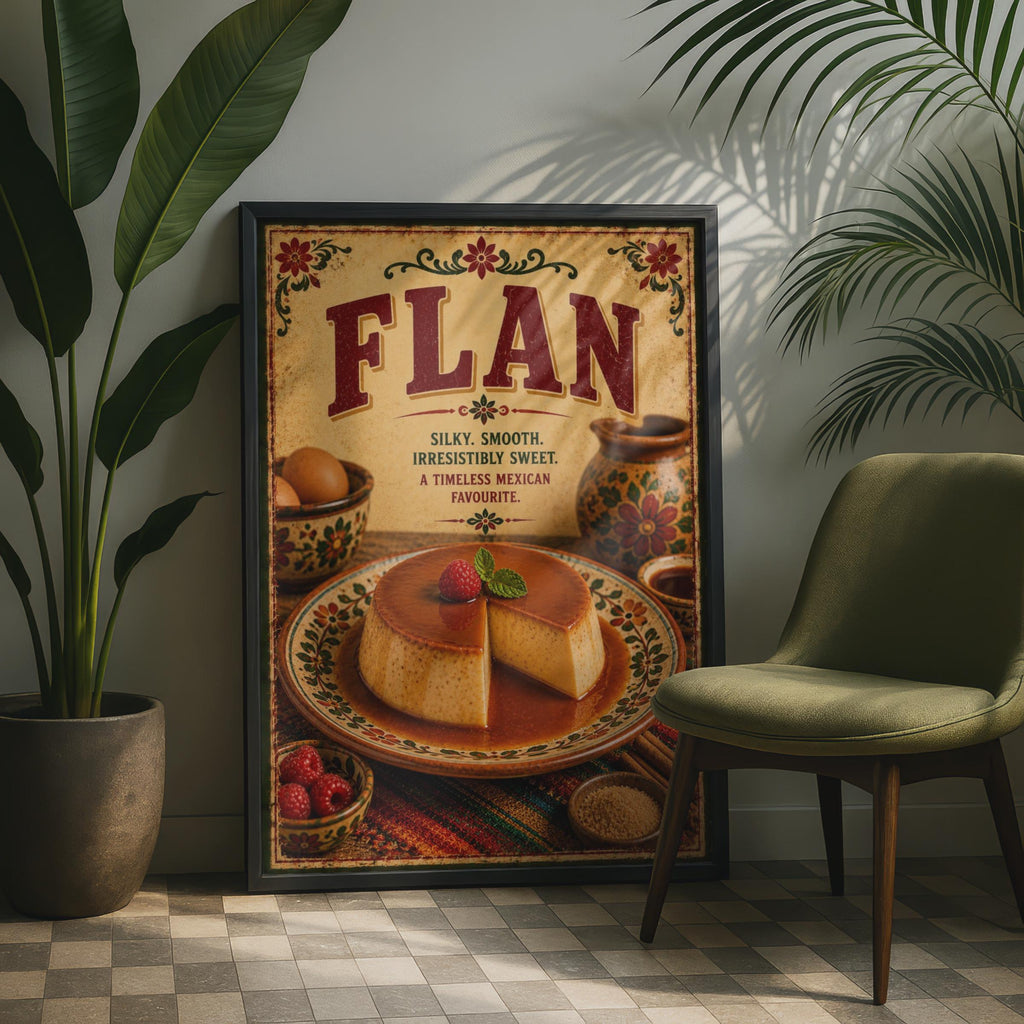 Flan Mexican Dessert Poster, Vintage Kitchen Wall Art, Caramel Food Print, Retro
