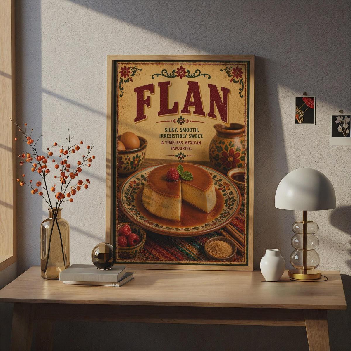 Flan Mexican Dessert Poster, Vintage Kitchen Wall Art, Caramel Food Print, Retro
