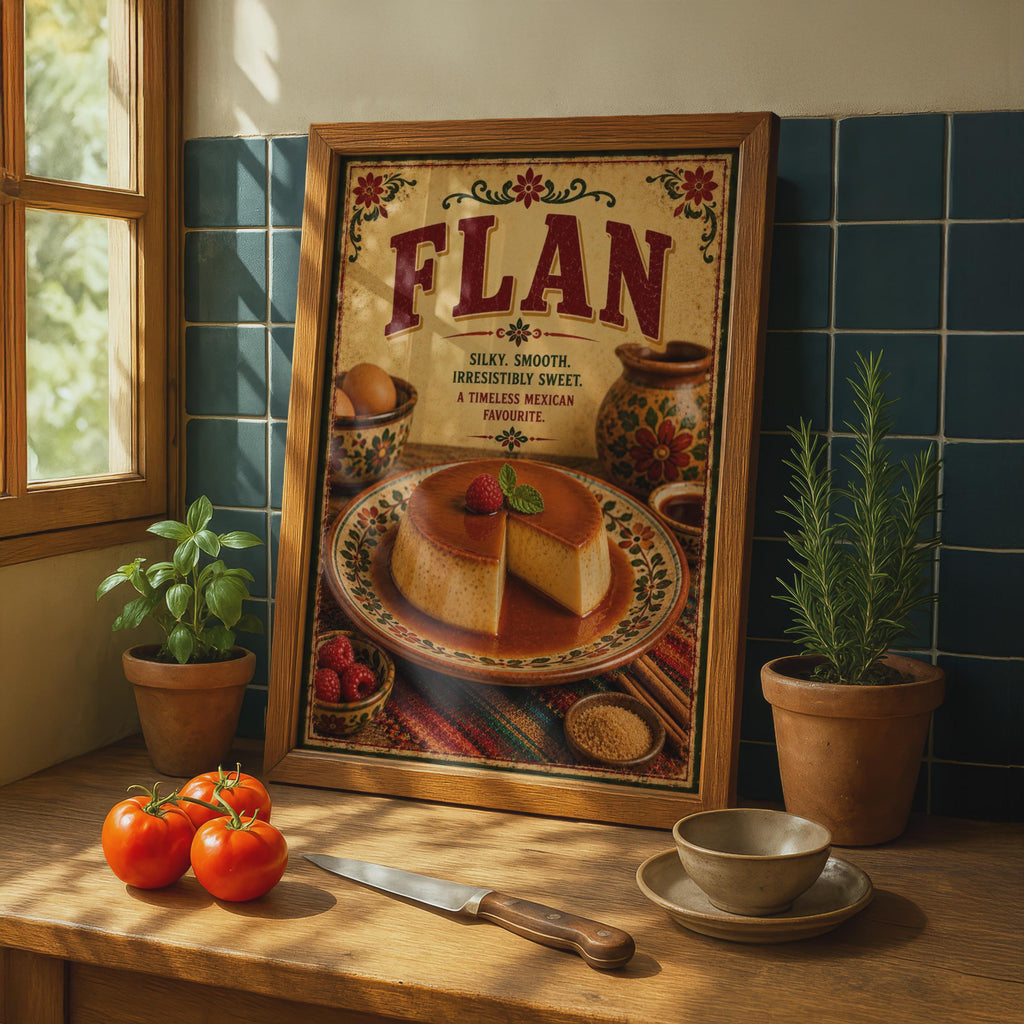 Flan Mexican Dessert Poster, Vintage Kitchen Wall Art, Caramel Food Print, Retro