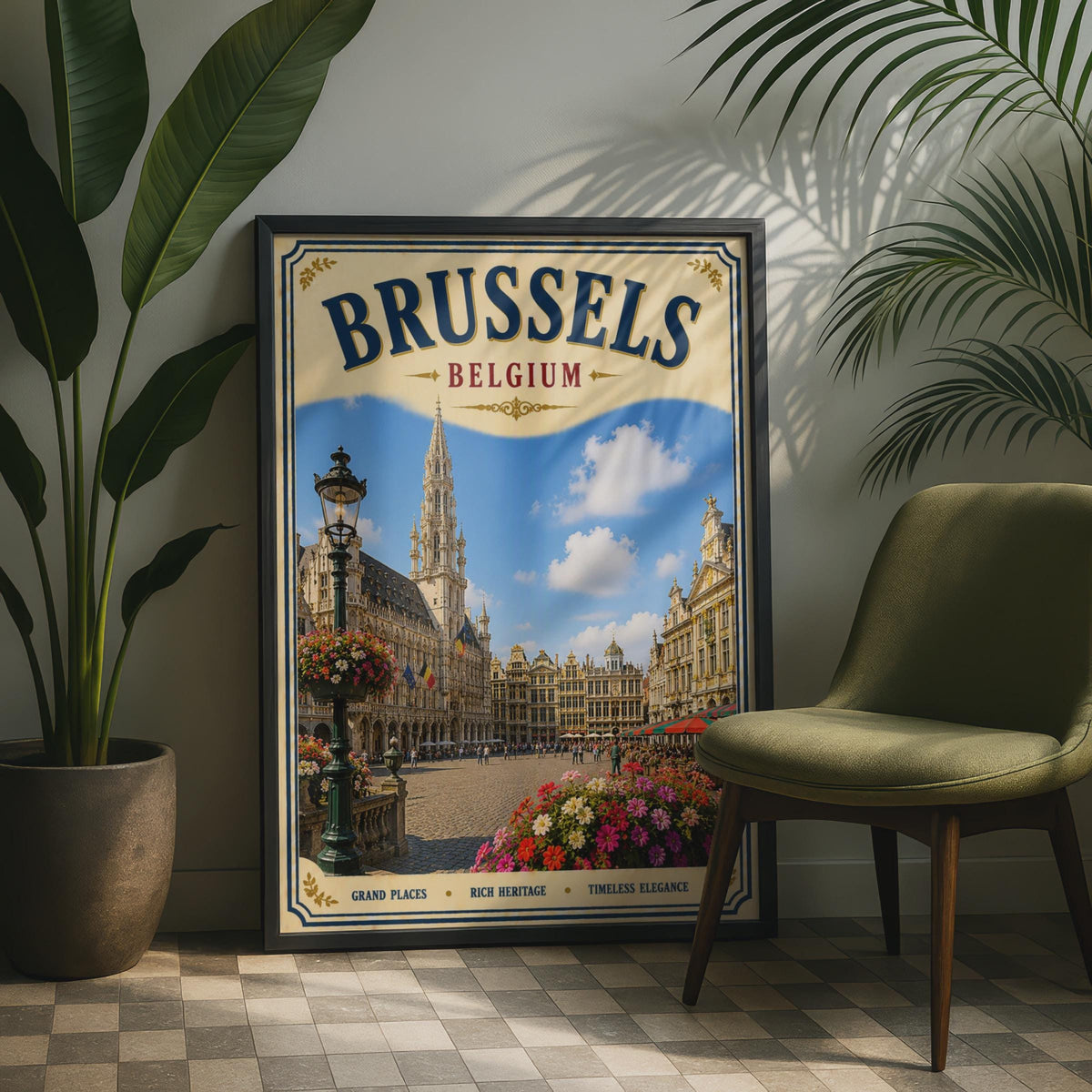 Brussels Belgium Travel Poster, Grand Place Vintage Wall Art, Belgium City Print