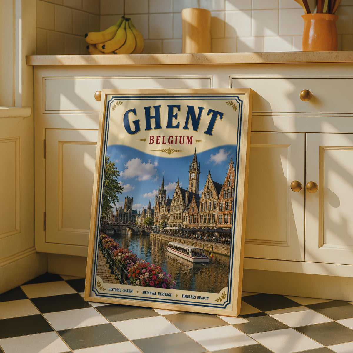 Ghent Belgium Travel Poster, Vintage Canal City Wall Art, Belgian Medieval Architecture Print