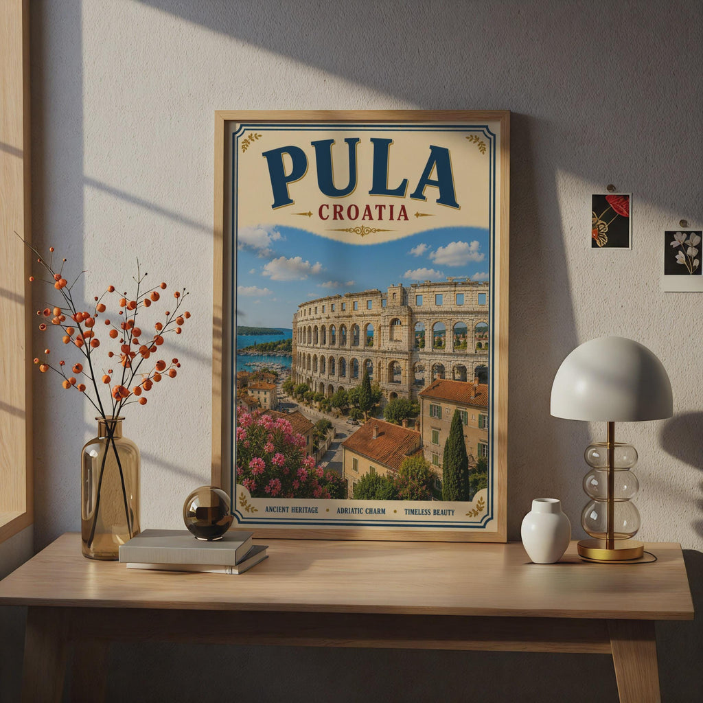 Pula Croatia Travel Poster, Roman Arena Adriatic Wall Art, Vintage Istria Print