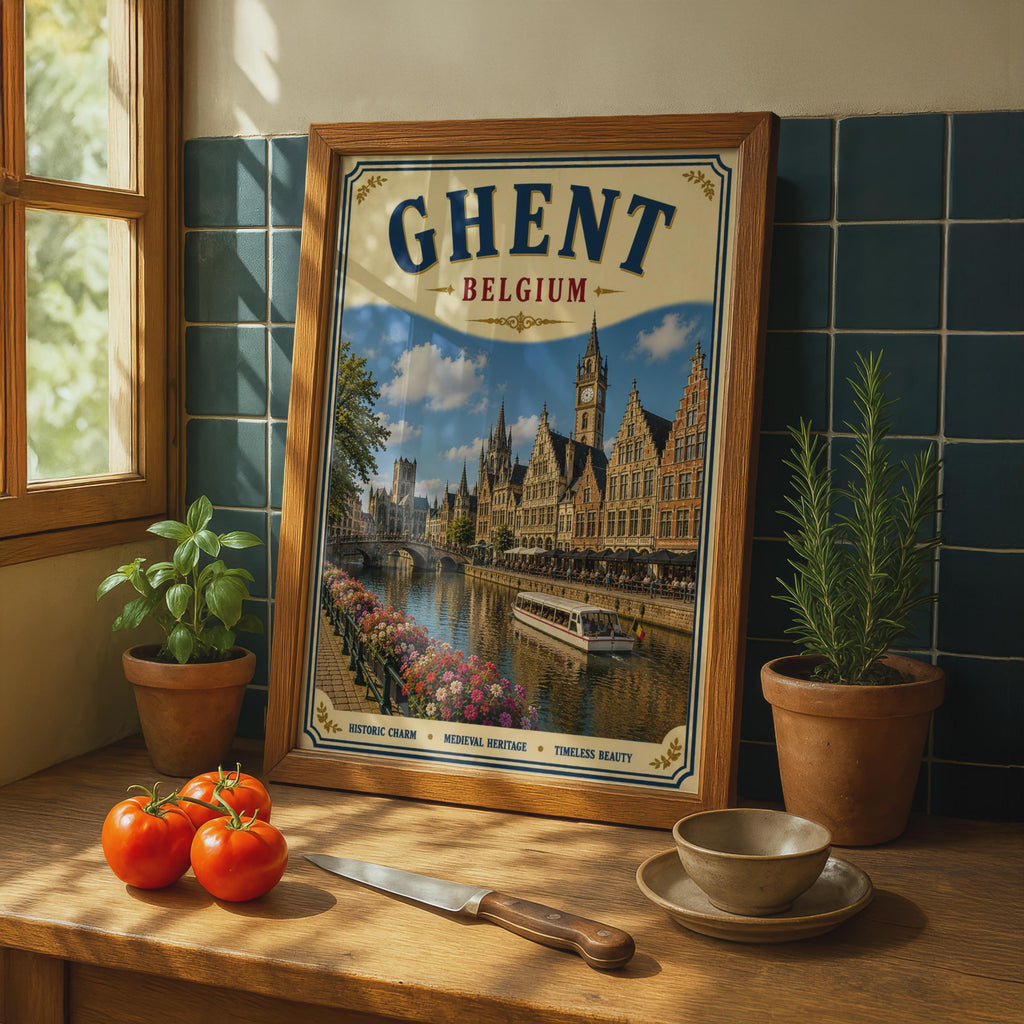 Ghent Belgium Travel Poster, Vintage Canal City Wall Art, Belgian Medieval Architecture Print