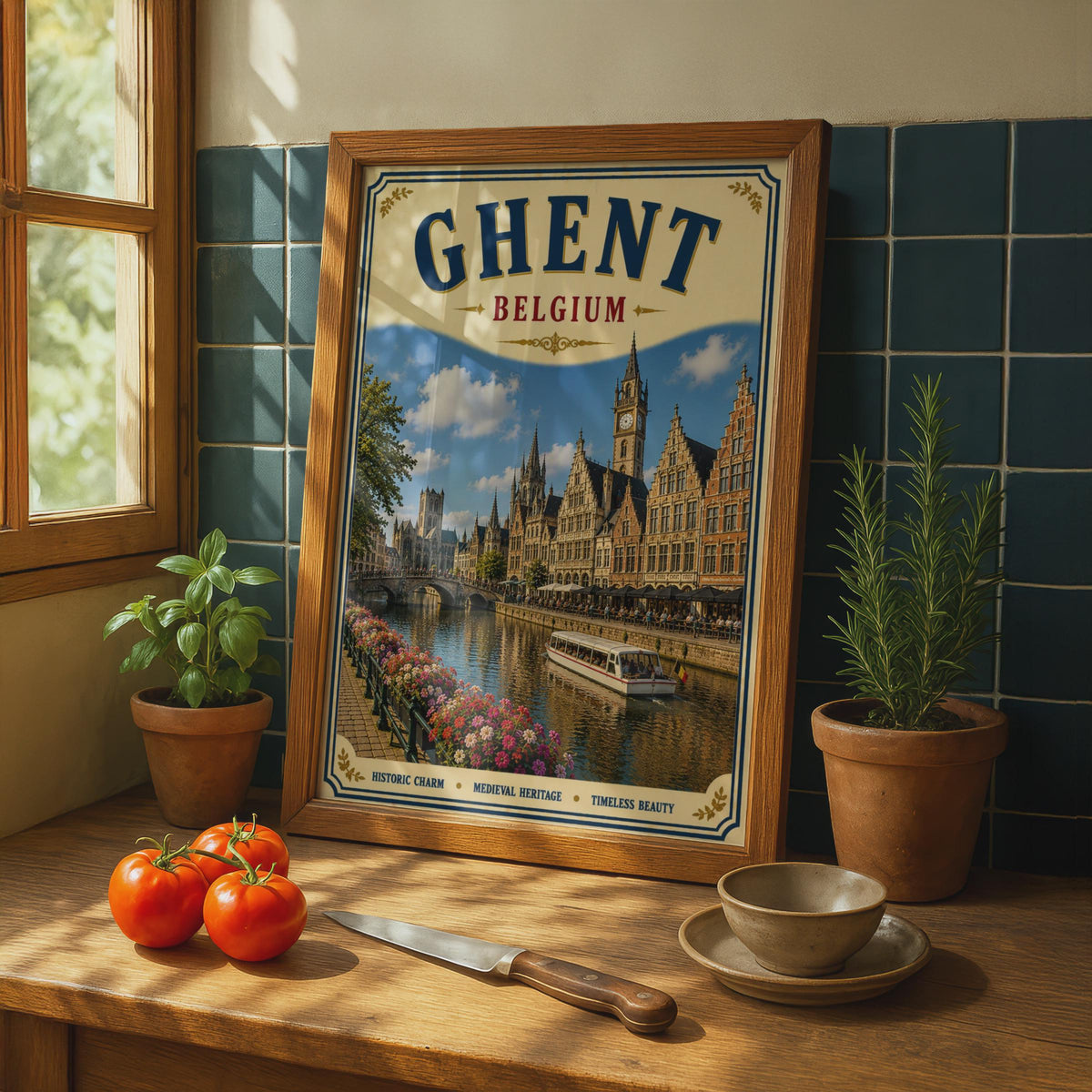 Ghent Belgium Travel Poster, Vintage Canal City Wall Art, Belgian Medieval Architecture Print