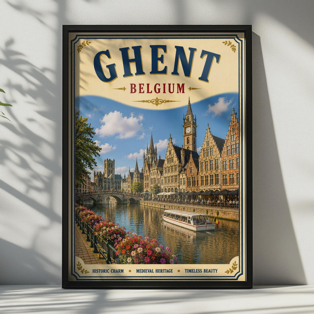 Ghent Belgium Travel Poster, Vintage Canal City Wall Art, Belgian Medieval Architecture Print