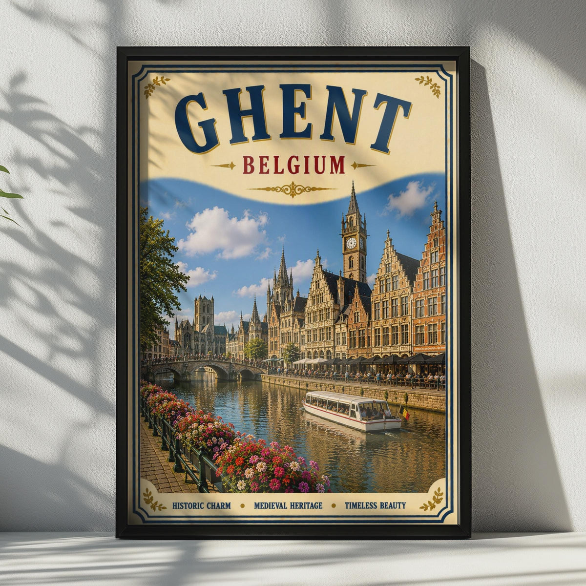 Ghent Belgium Travel Poster, Vintage Canal City Wall Art, Belgian Medieval Architecture Print
