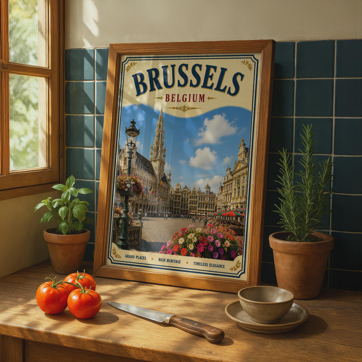 Brussels Belgium Travel Poster, Grand Place Vintage Wall Art, Belgium City Print