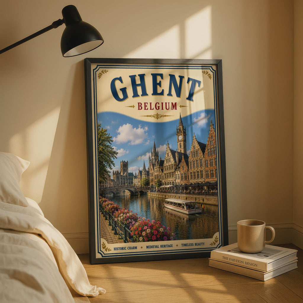 Ghent Belgium Travel Poster, Vintage Canal City Wall Art, Belgian Medieval Architecture Print