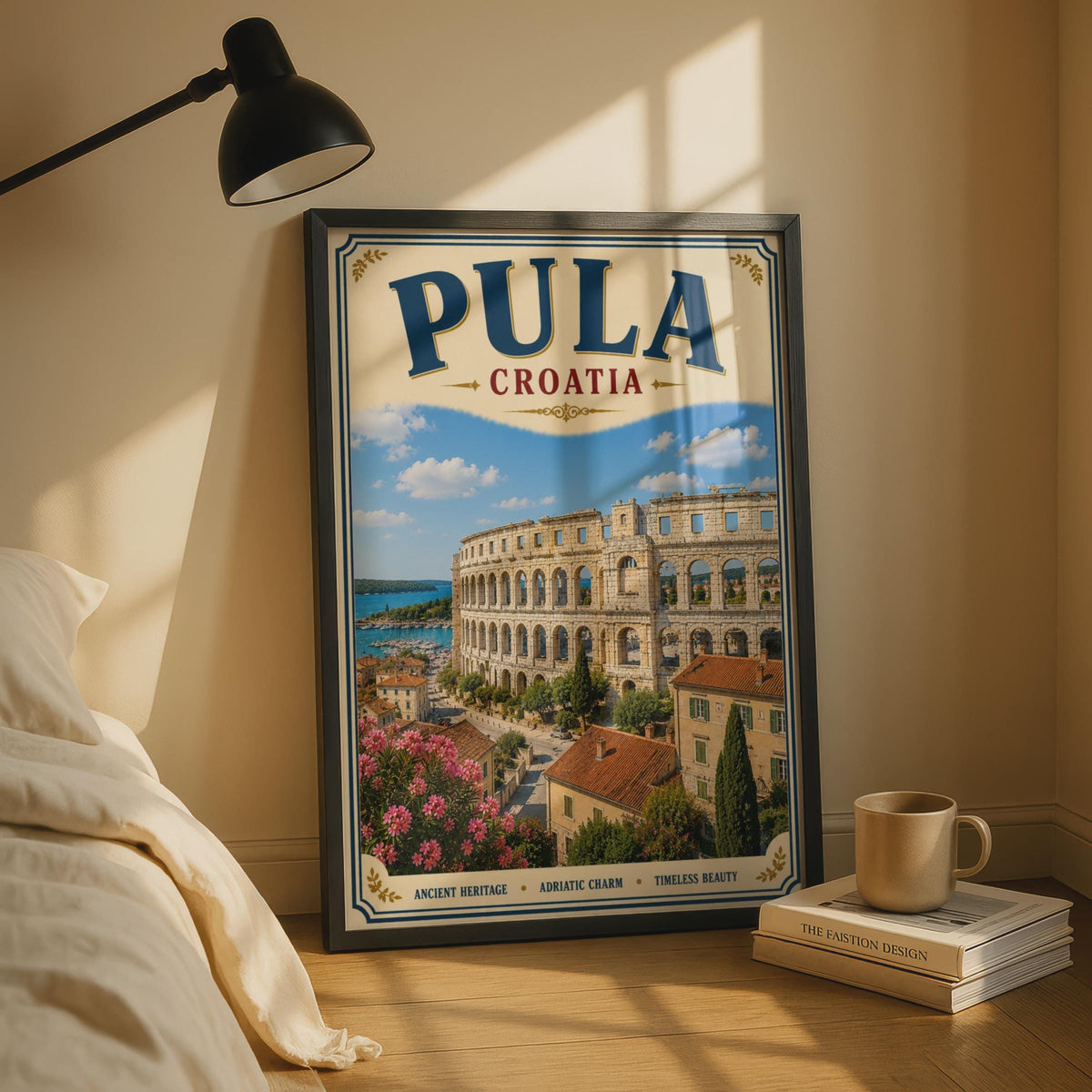 Pula Croatia Travel Poster, Roman Arena Adriatic Wall Art, Vintage Istria Print