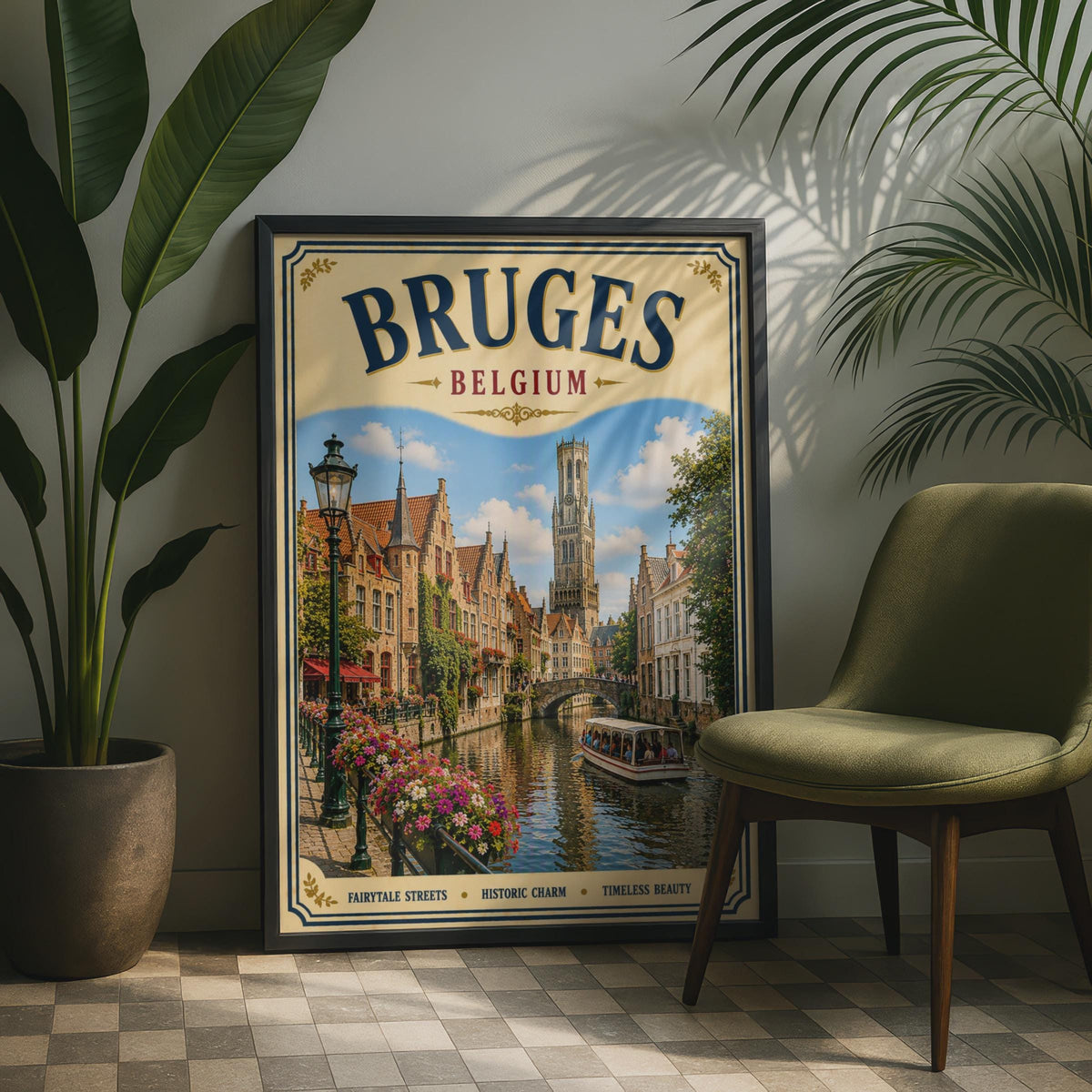 Bruges Belgium Travel Poster, Vintage Canal Wall Art, Belgian City Print, Europe