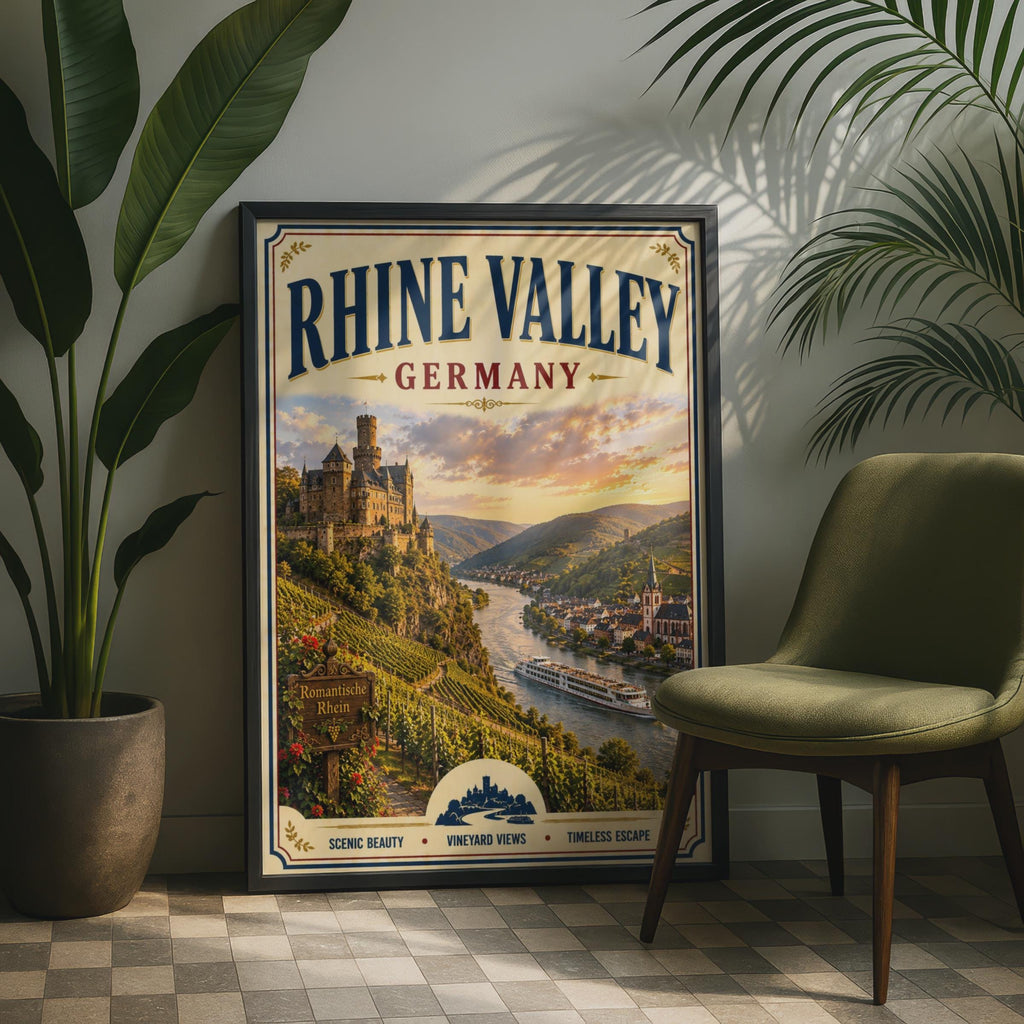 Rhine Valley Germany Travel Poster, Vintage Castle Vineyard Wall Art, River Cruise