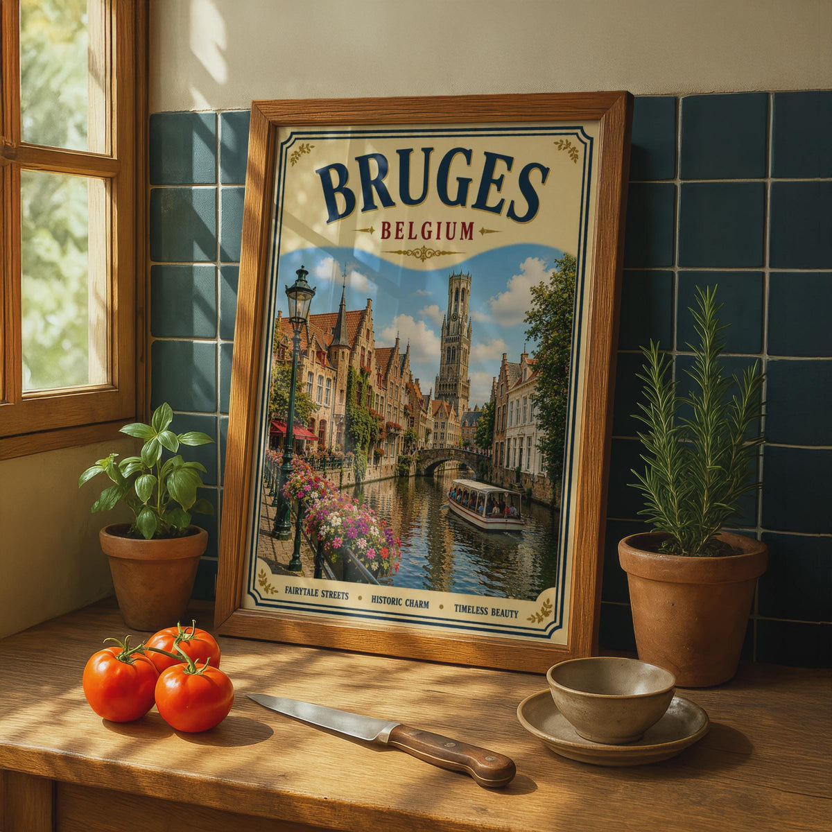Bruges Belgium Travel Poster, Vintage Canal Wall Art, Belgian City Print, Europe