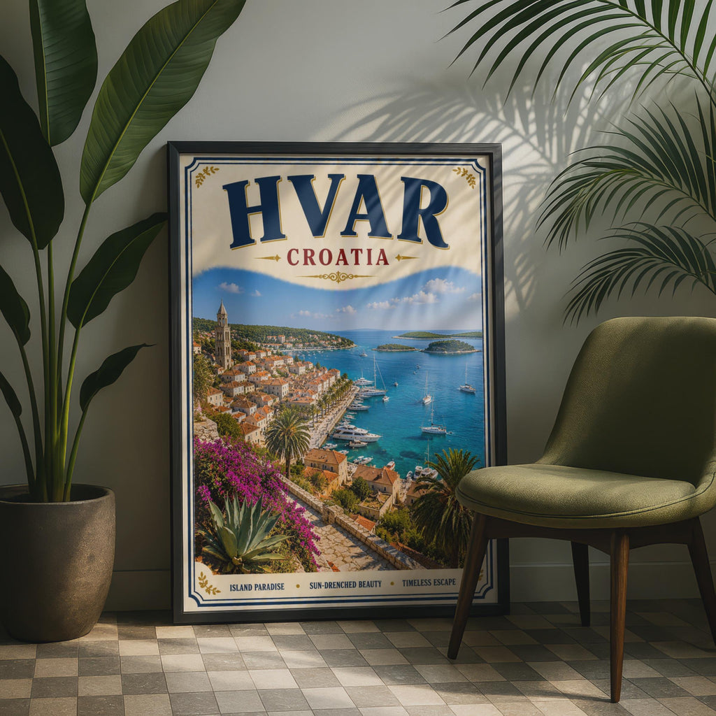 Hvar Croatia Travel Poster, Adriatic Sea Vintage Wall Art, Croatian Island Print
