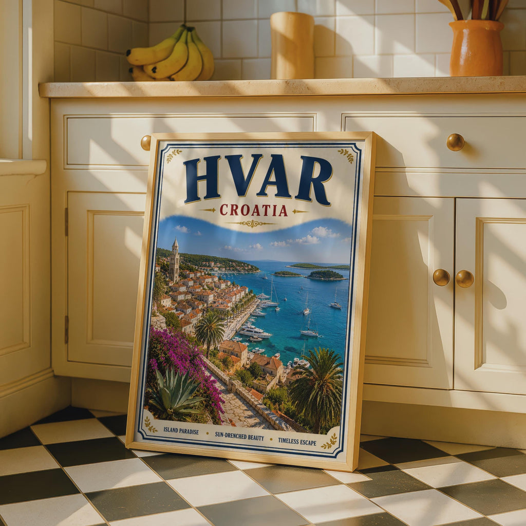 Hvar Croatia Travel Poster, Adriatic Sea Vintage Wall Art, Croatian Island Print