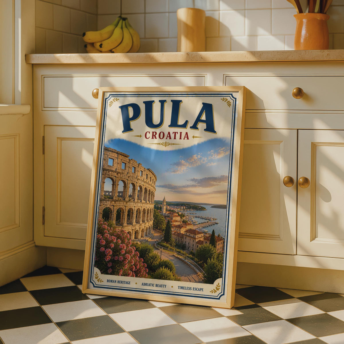 Pula Croatia Travel Poster, Roman Arena Adriatic Wall Art, Vintage Retro Croatian City Print