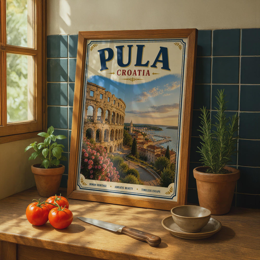 Pula Croatia Travel Poster, Roman Arena Adriatic Wall Art, Vintage Retro Croatian City Print
