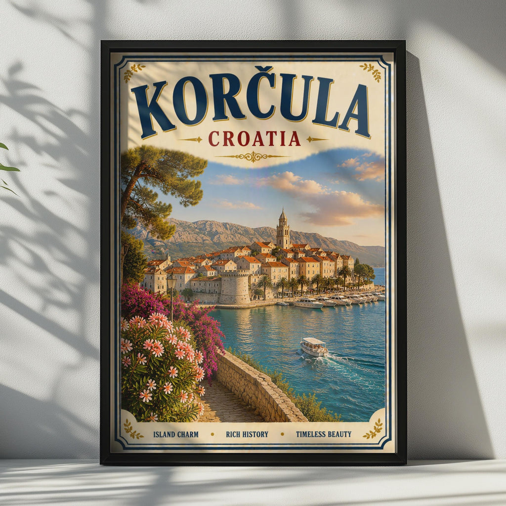 Korcula Croatia Vintage Travel Poster, Dalmatian Coast Wall Art, Adriatic Sea Print