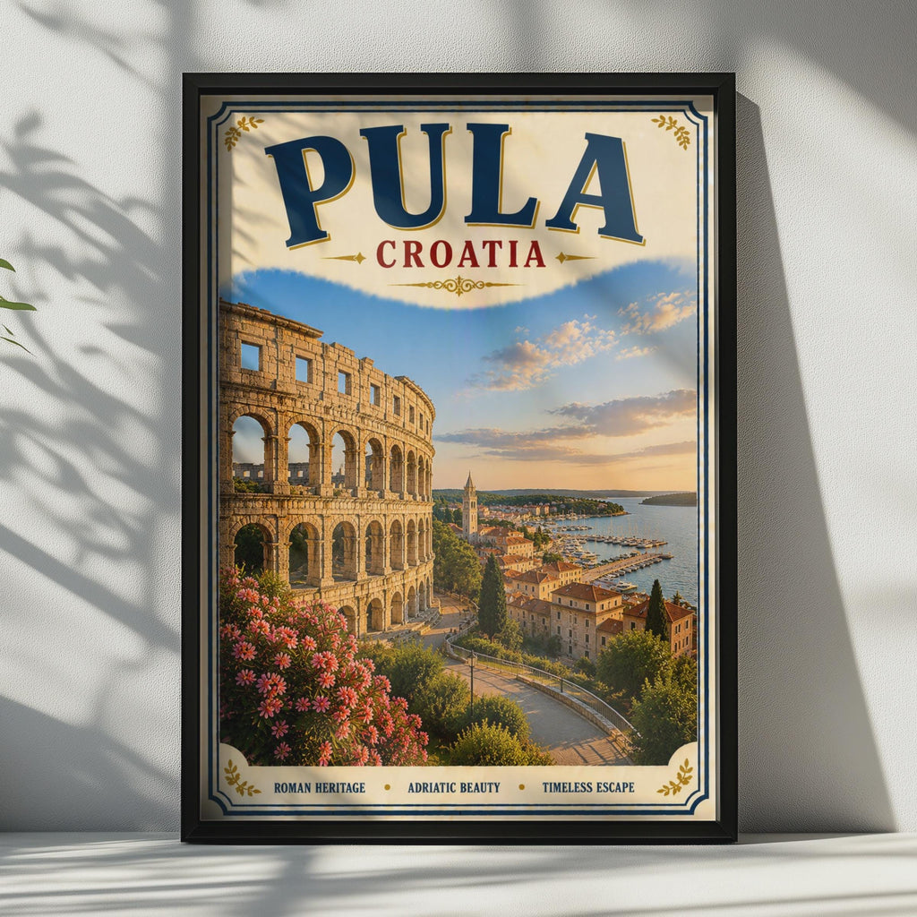 Pula Croatia Travel Poster, Roman Arena Adriatic Wall Art, Vintage Retro Croatian City Print
