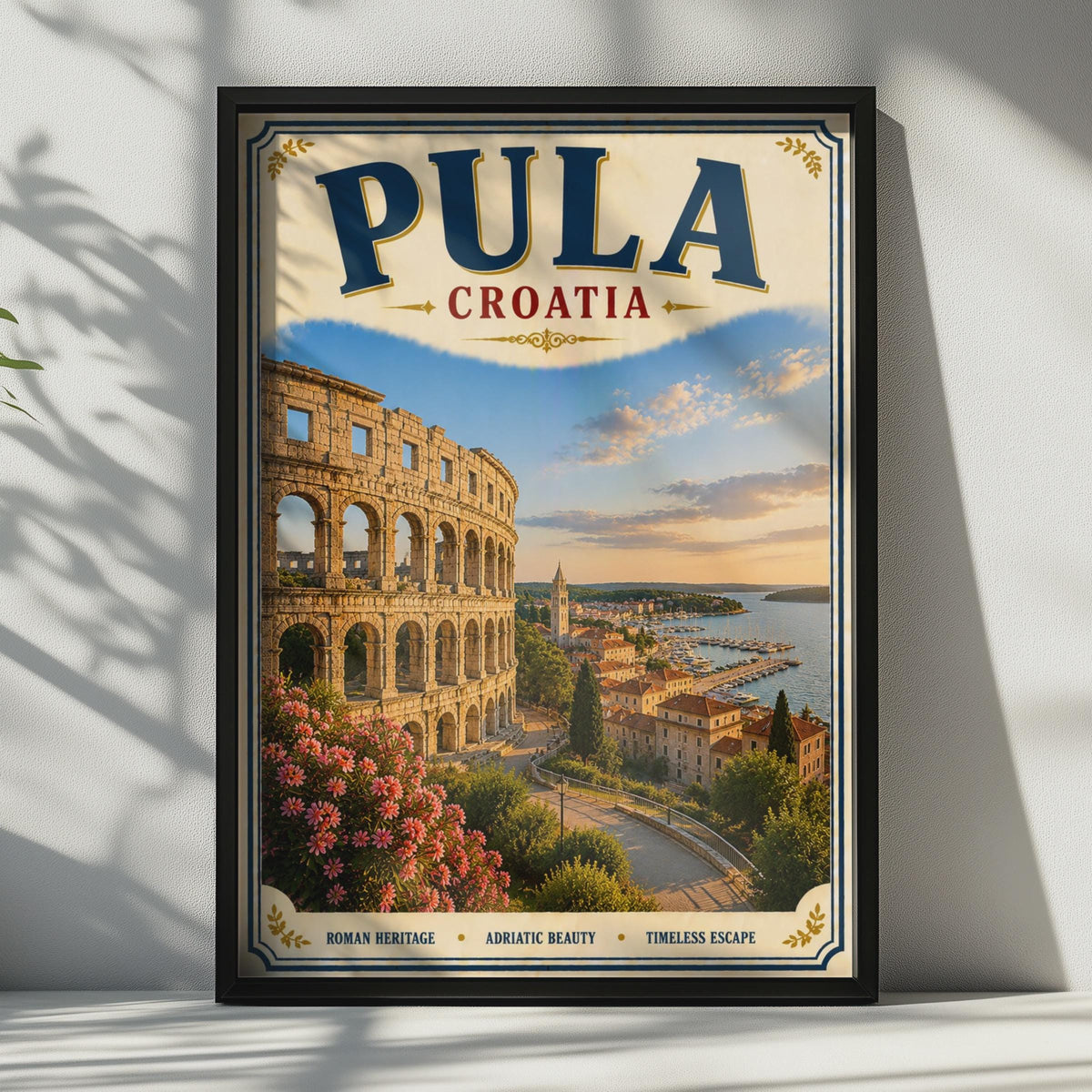Pula Croatia Travel Poster, Roman Arena Adriatic Wall Art, Vintage Retro Croatian City Print