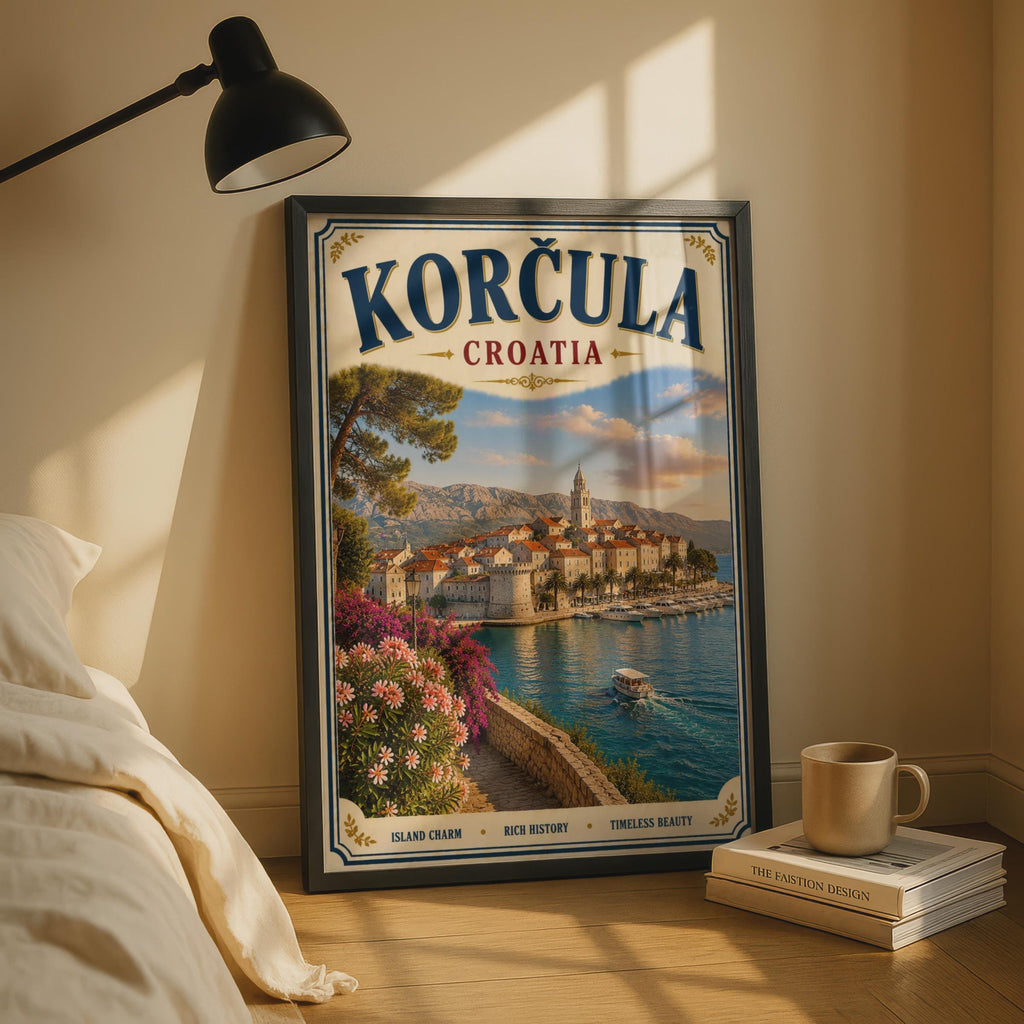 Korcula Croatia Vintage Travel Poster, Dalmatian Coast Wall Art, Adriatic Sea Print