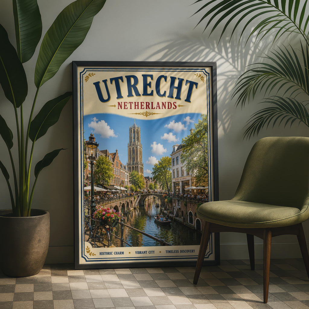 Utrecht Netherlands Travel Poster, Vintage Dutch Canal Wall Art, Holland City Print
