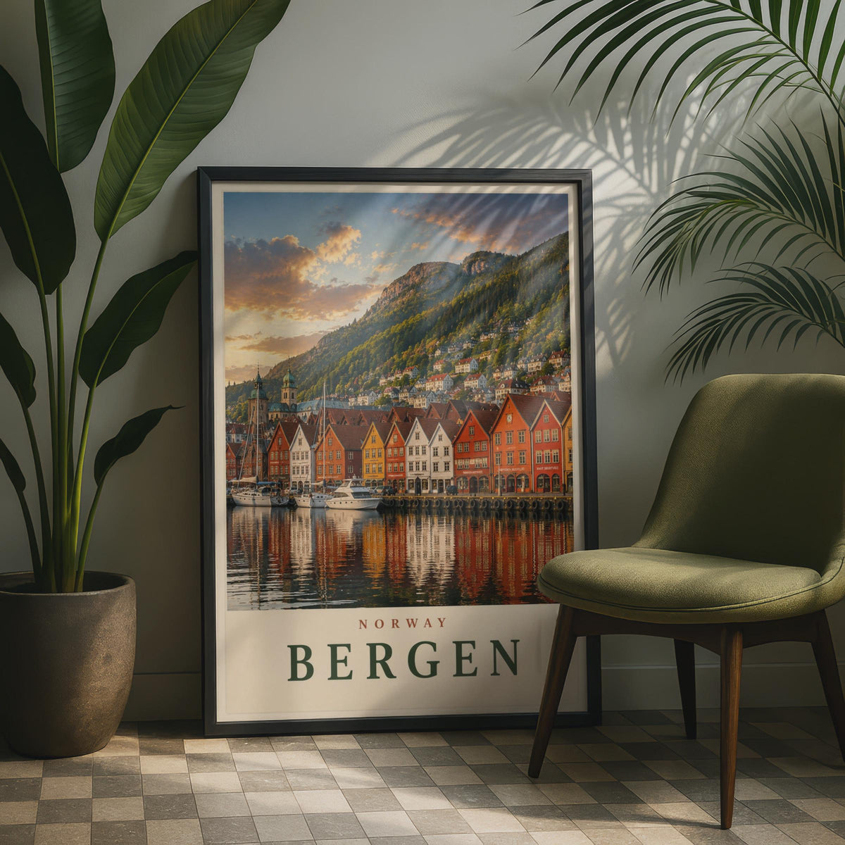 Bergen Norway Travel Poster, Bryggen Wharf Wall Art, Scandinavian Home Decor Print