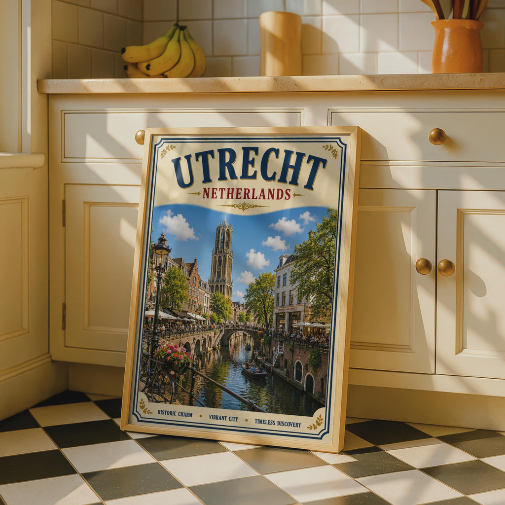 Utrecht Netherlands Travel Poster, Vintage Dutch Canal Wall Art, Holland City Print