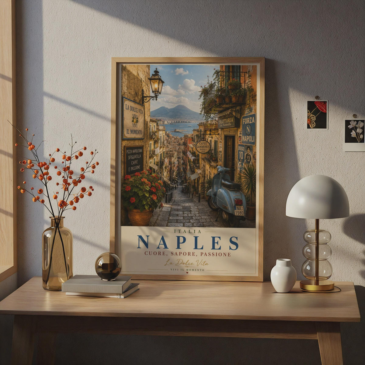 Naples Italy Travel Poster, Vintage Italian Street Scene, Vespa La Dolce Vita Wall Art