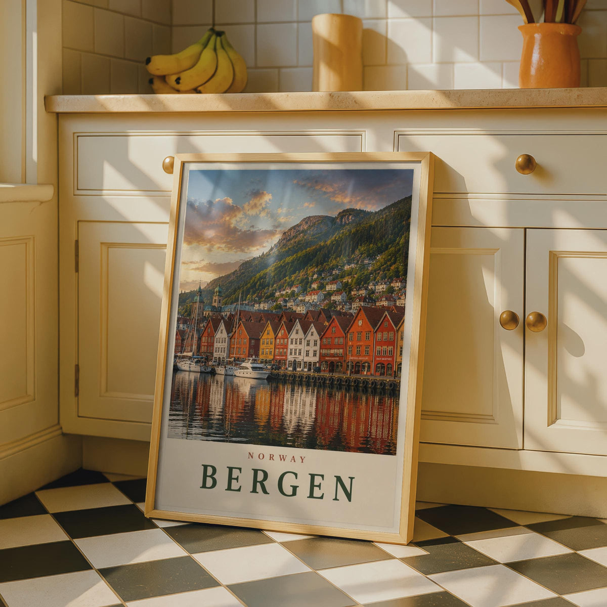 Bergen Norway Travel Poster, Bryggen Wharf Wall Art, Scandinavian Home Decor Print