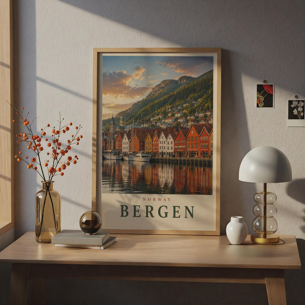 Bergen Norway Travel Poster, Bryggen Wharf Wall Art, Scandinavian Home Decor Print